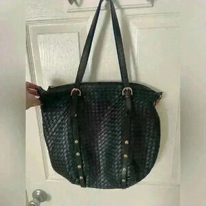 Giorgia Milani Black Genuine Leather Tote Shoulder Bag Woven Studded Italy